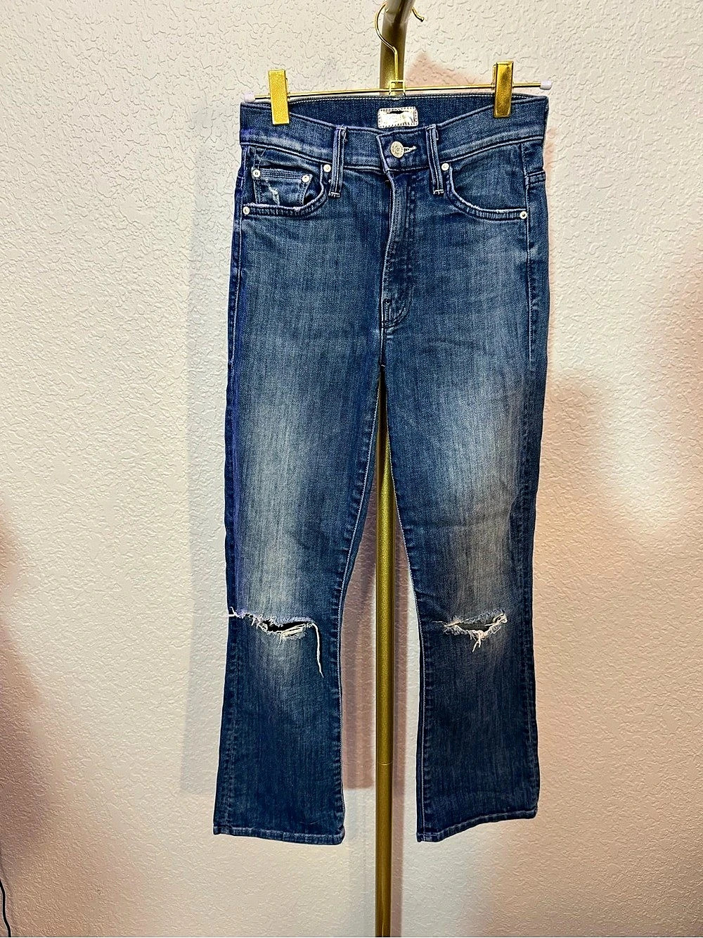 Mother The Insider Crop Distressed Straight Leg Jeans in Blue Waist 24